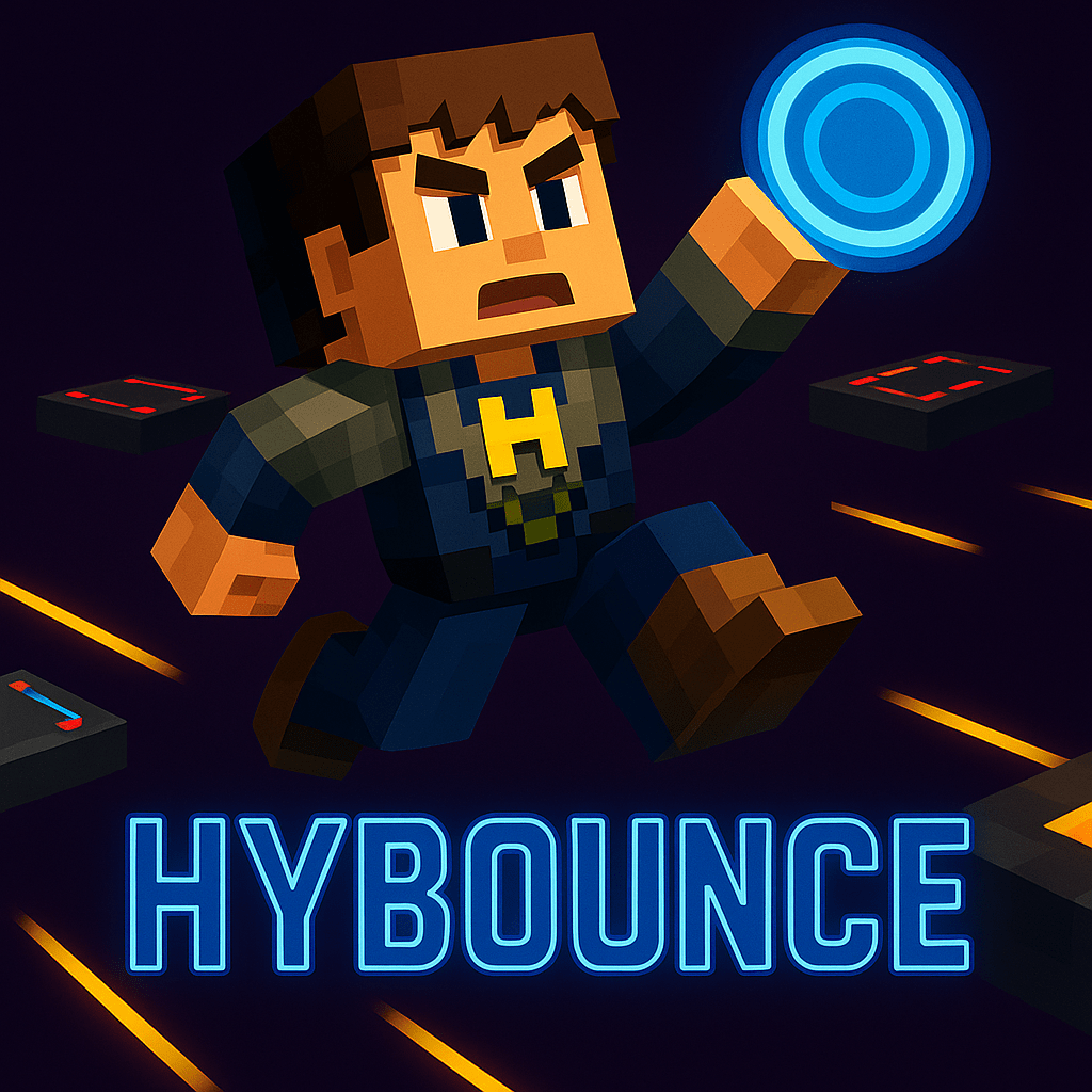 A voxel-style character is shown dynamically jumping while holding a glowing disc in a colorful, action-oriented design, with the word 'HYBOUNCE' prominently displayed below.