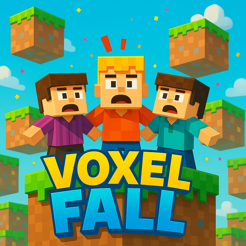 Colorful game cover for 'Voxel Fall' featuring three surprised voxel characters on a grassy platform, floating blocks in the background, and vibrant sky with clouds.