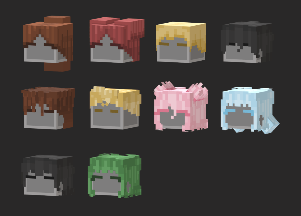 A collection of voxel-style character hair models in various colors and styles, displayed against a dark background.