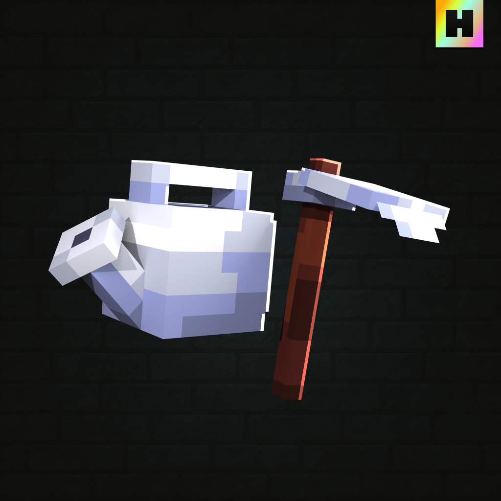 A pixelated white watering can and a brown hoe against a dark brick background.
