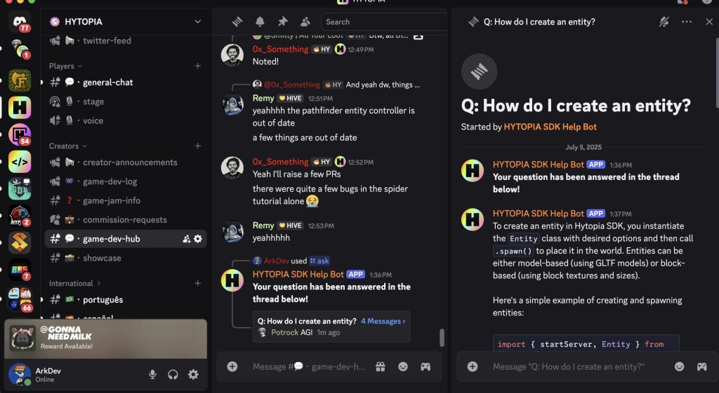 Screenshot of the HYTOPIA Discord server's game-dev-hub channel, showcasing communication and assistance for developers utilizing the HYTOPIA SDK Help Bot.