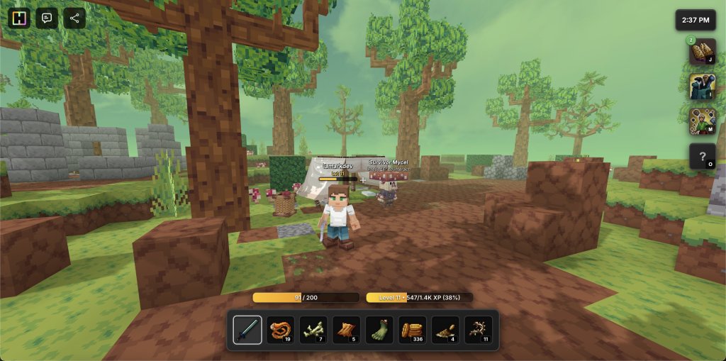 A blocky character standing on a dirt path surrounded by trees and plants in a game environment, displaying a toolbar at the bottom with inventory items and experience points.