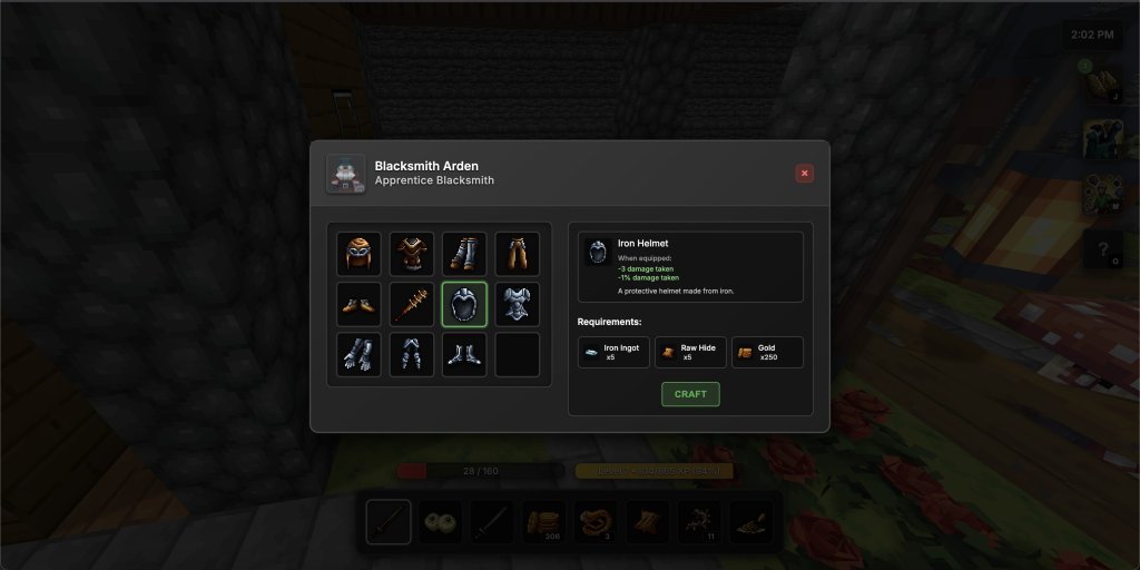 A user interface displaying a blacksmithing menu in a game, featuring an apprentice blacksmith named Arden. The menu shows various items, including an iron helmet with requirements for crafting, such as iron ingots, raw hide, and gold.