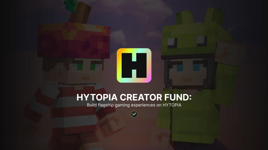 Image promoting the HYTOPIA Creator Fund, featuring two characters in a pixel-art style, one wearing a strawberry hat and the other in a green frog costume, with the text 'HYTOPIA CREATOR FUND: Build flagship gaming experiences on HYTOPIA' and a colorful logo.