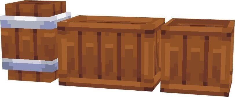 Three wooden crate models, including one barrel and two rectangular boxes, rendered in a pixelated video game style.