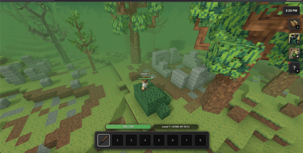 A player character stands in a grassy area surrounded by trees and stone ruins, with a HUD displaying health, level, and inventory.