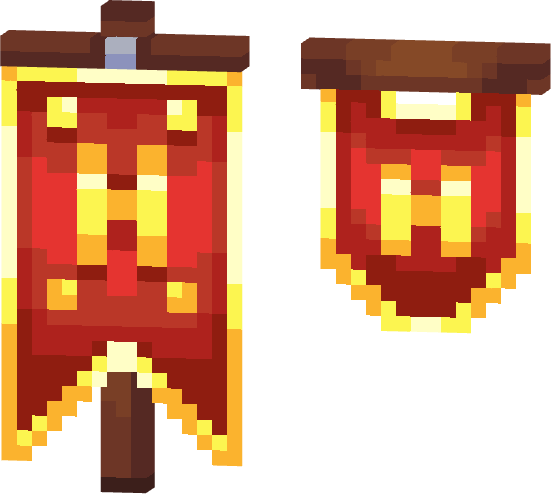 Pixelated red banner with a yellow emblem and decorative edges, shown in two sizes.