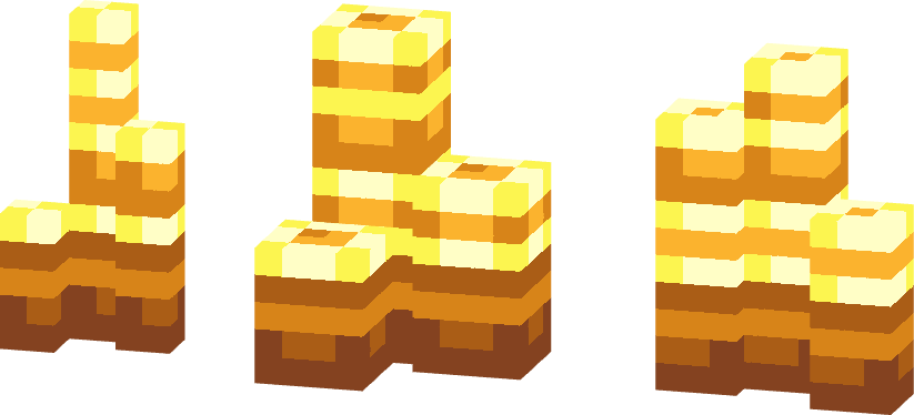 Three pixel art blocks stacked in different configurations, featuring yellow and brown colors, resembling honeycomb or a sweet dessert.