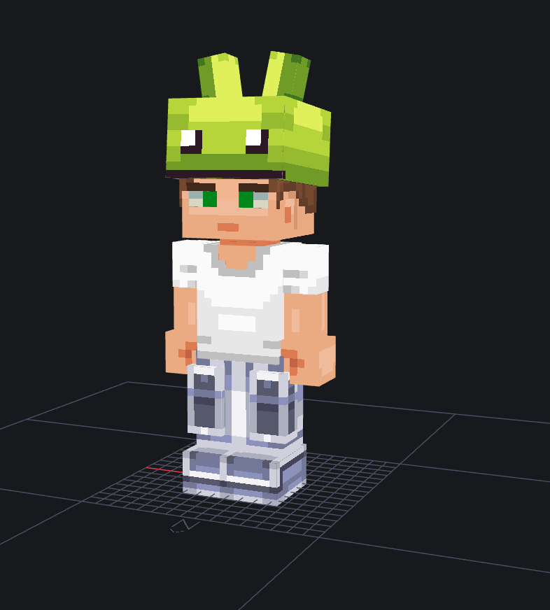 3D character model wearing a green frog hat, white shirt, and blue jeans, rendered on a dark background.