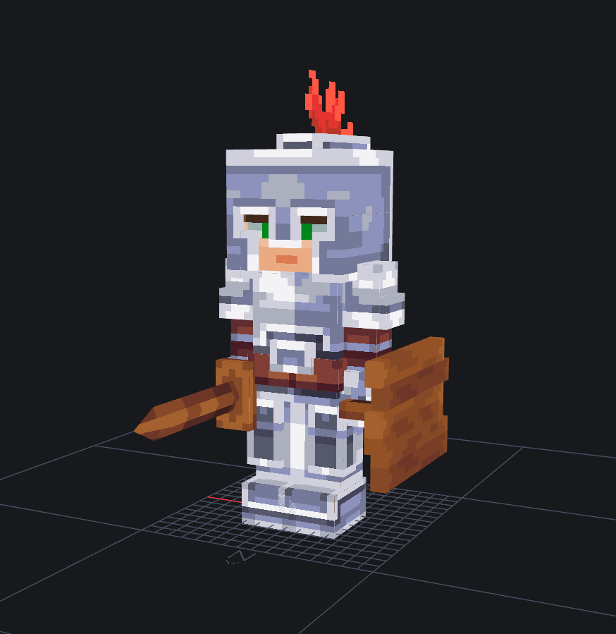A pixel art character dressed in shiny armor, holding a wooden shield and wooden sword, with a flame-like plume on the helmet.