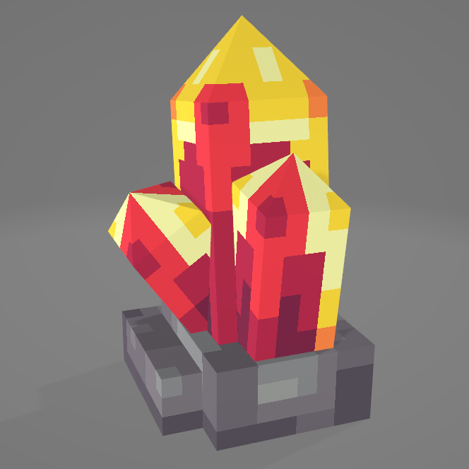 A collection of three stylized crystalline formations in red and yellow colors, set on a gray base.