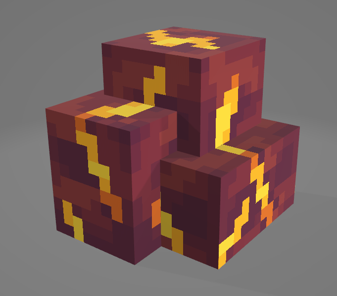 Three stylized blocks of different shapes and sizes with a reddish-brown texture featuring bright yellow and orange veins, set against a gray background.