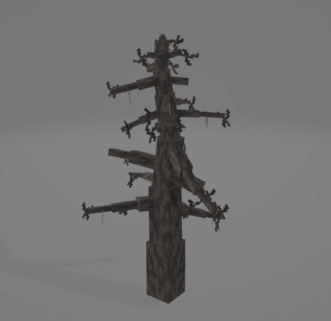 A 3D model of a dead tree with a textured dark bark and irregularly shaped branches, primarily designed for use in gaming or virtual environments.