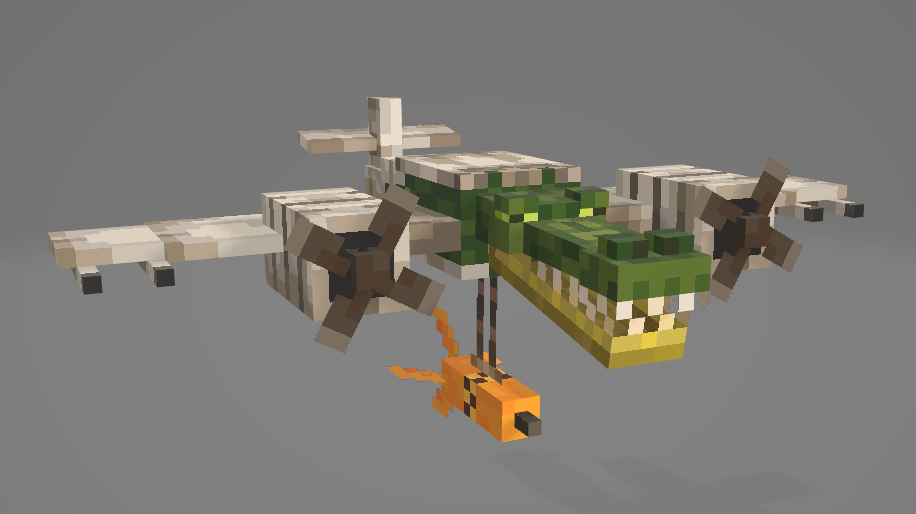 A whimsical pixel art aircraft designed to resemble an alligator, featuring propellers and an orange object hanging below.