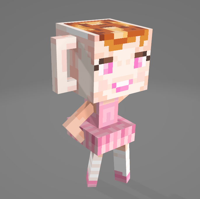 A 3D character model resembling a cute figure with a mug for a head, wearing a pink dress and striped leggings.