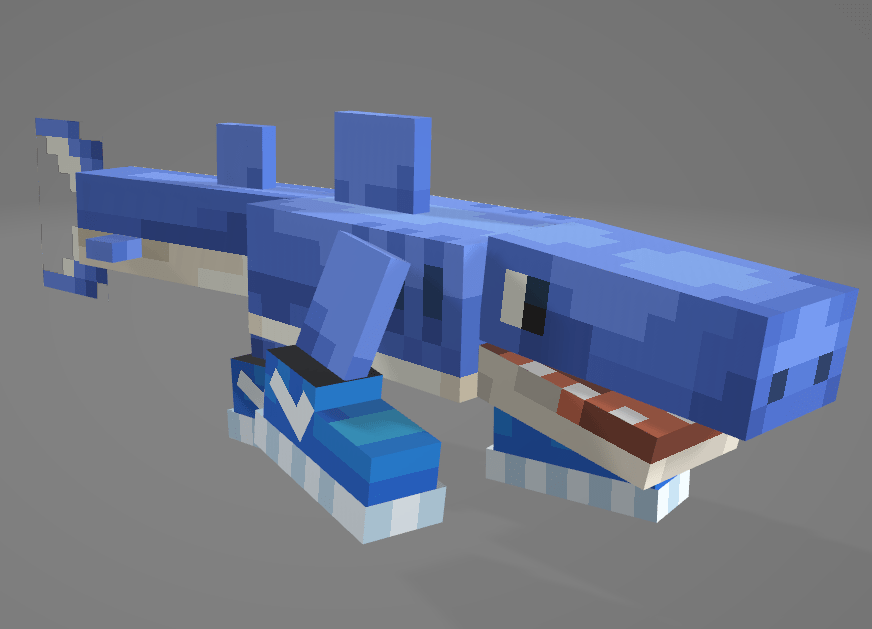 A blue, blocky shark character designed in a pixelated style, wearing sneakers, with a cartoonish face and exaggerated features.