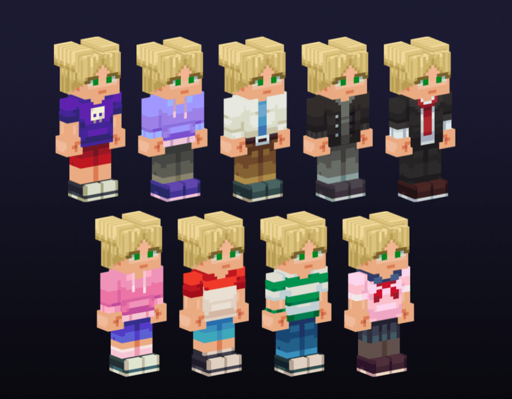 A collection of ten voxel-style character avatars with blonde hair and green eyes, showcasing various clothing styles including casual and formal outfits.