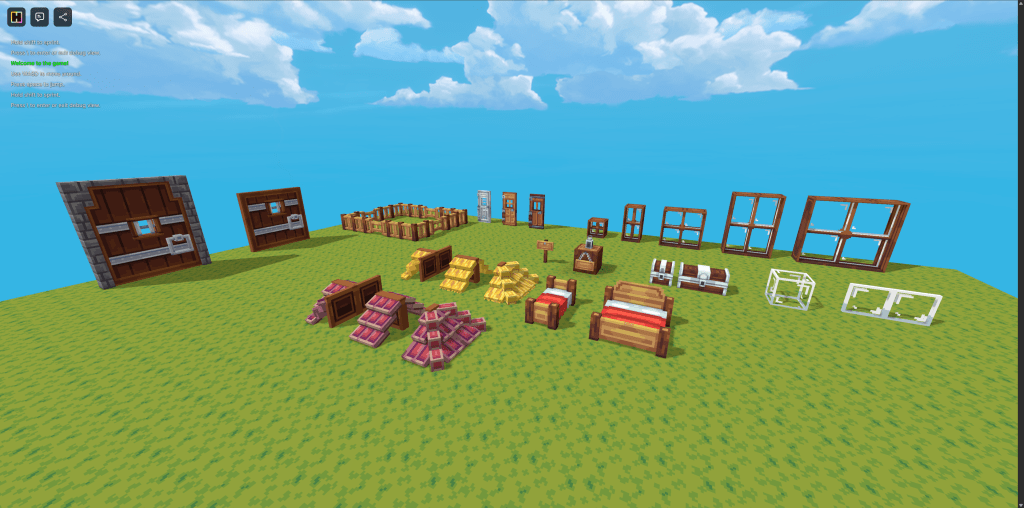 A colorful collection of 3D house-building assets displayed on a green terrain, including doors, windows, beds, and storage chests, against a blue sky with clouds.