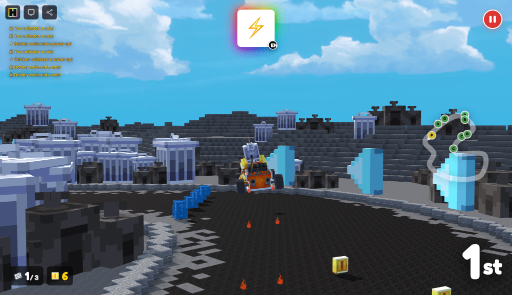 A colorful arcade racing scene from KARTLAND featuring a racer in first place on a track surrounded by abstract buildings and power-ups.