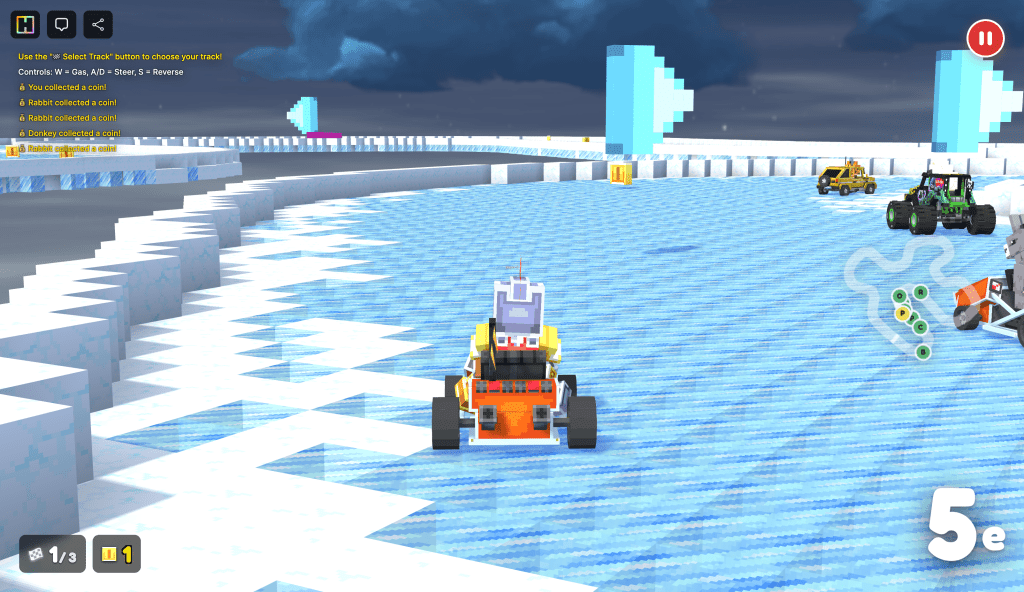 An arcade racing game scene in KARTLAND, featuring colorful karts racing on a snowy track with a blue sky and cloud backdrop. The HUD displays player controls and collected coins.