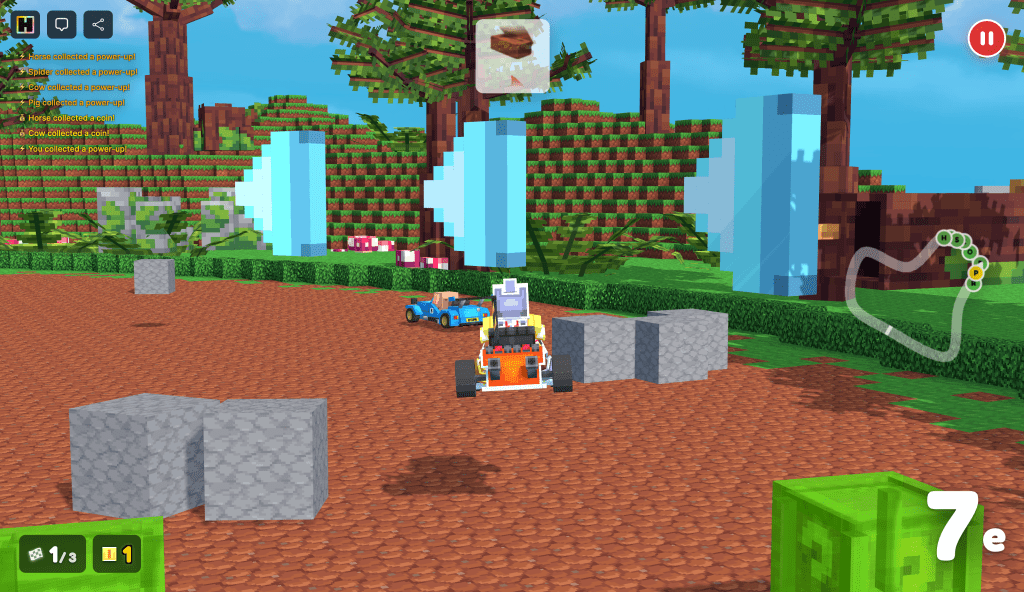 A colorful arcade racing scene in KARTLAND, showcasing a kart driven by a character amidst pixelated scenery, with power-ups and obstacles visible in a vibrant environment.