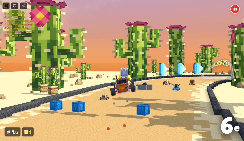A colorful arcade racing scene in a desert-themed environment from the game KARTLAND, featuring several racing karts, power-ups, and vibrant cactus structures under a sunset sky.