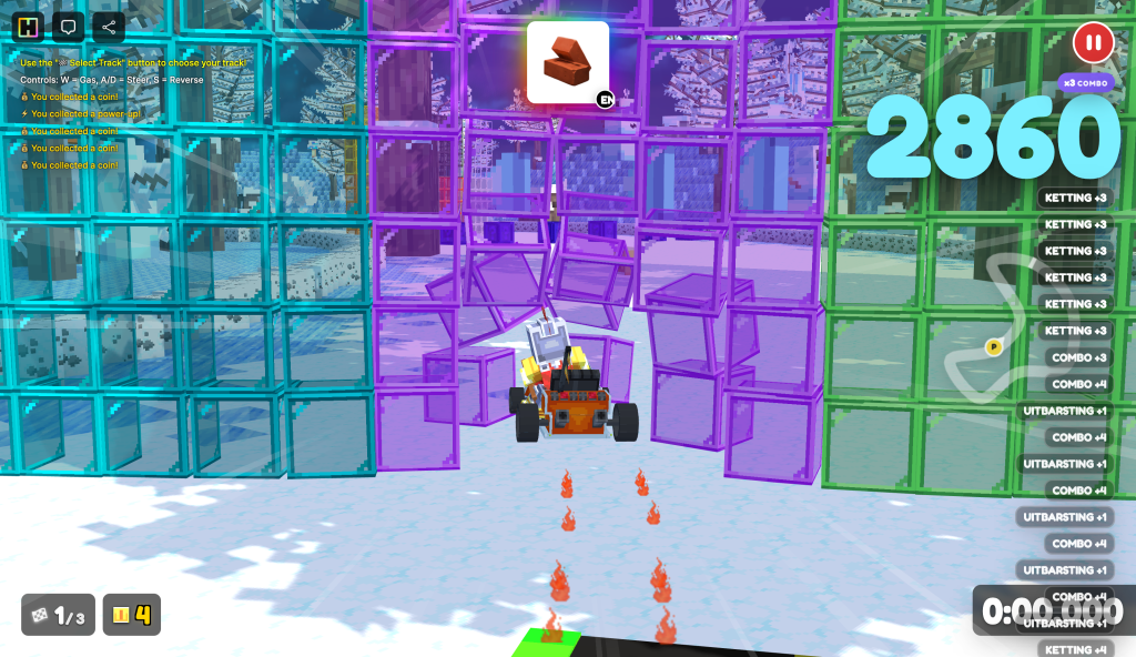 An arcade racing scene from KARTLAND showing a colorful driving environment with a vehicle collecting power-ups and coins amidst transparent block structures.