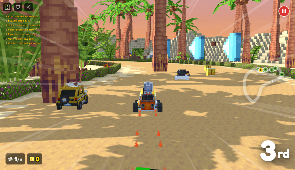 Colorful kart racing scene featuring vehicles racing on a sandy track with palm trees and obstacles in the background.